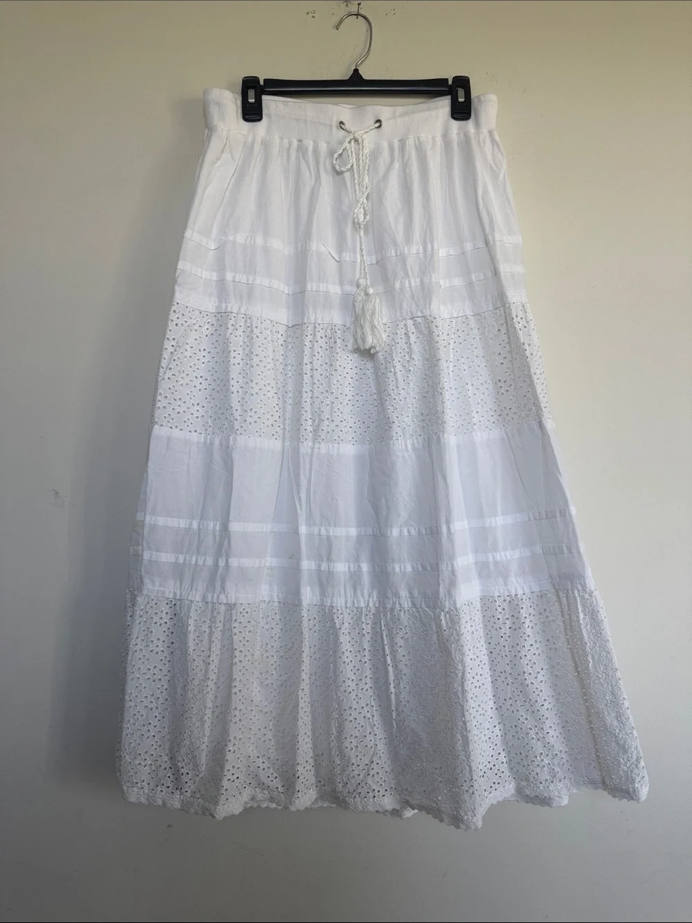 Jessica London White Tiered Eyelet Maxi Skirt with Tassel Drawstring - Picture 2 of 5